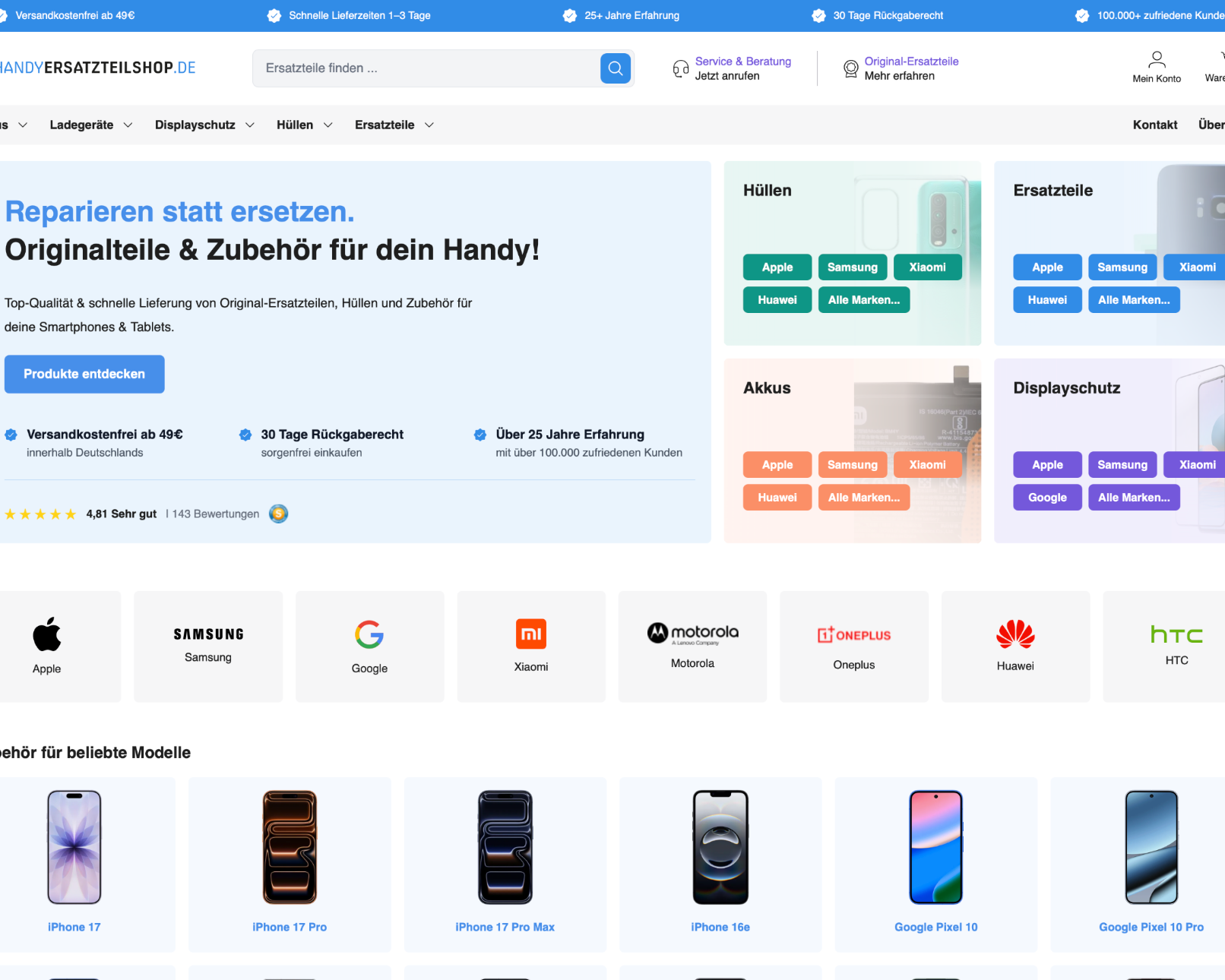 Schaue dir unsere Shopware Referenz "Handyersatzteilshop" an.