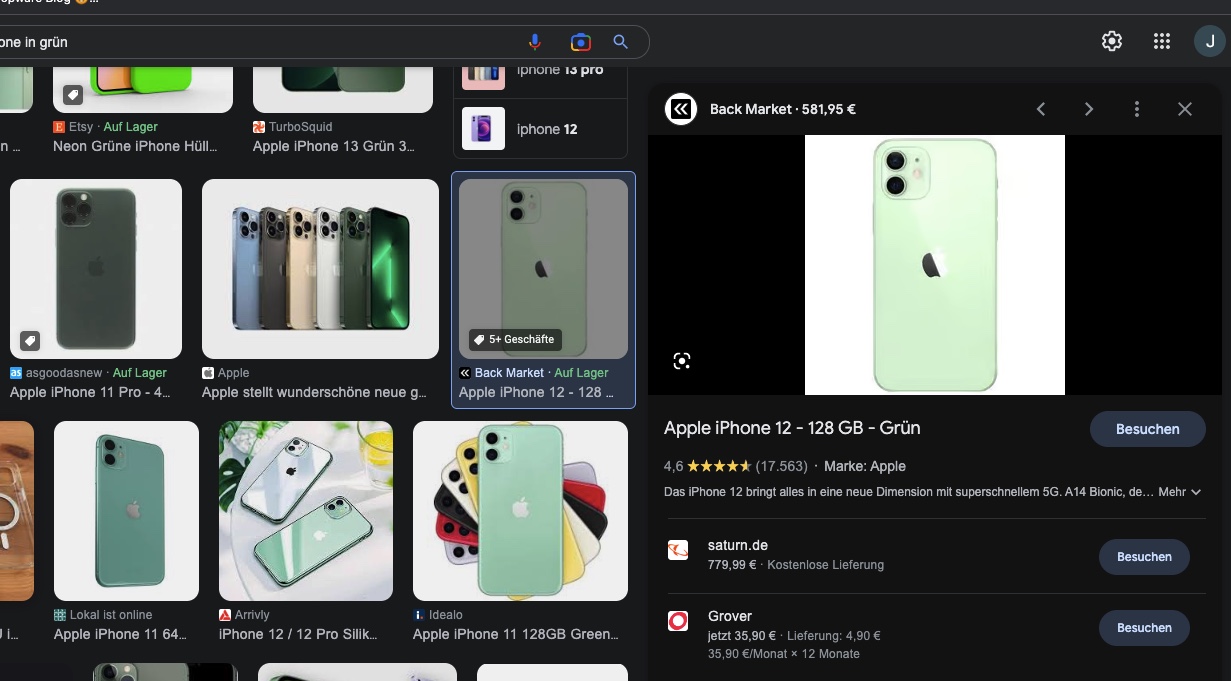 Ein Beispiel für die Produktsuche über Google Bilder
